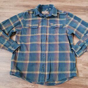 Orvis Shirt Jacket Mens Large Blue Brown Plaid Flannel Long Sleeve Shacket Heavy